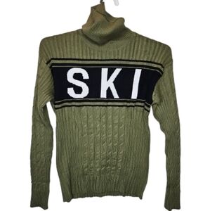 Olive Green Turtleneck Sweater with 'SKI' Design Cozy Long Sleves
